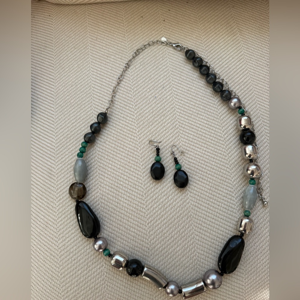 Chico’s Handcrafted Black & Green Beaded Necklace with Matching Earrings